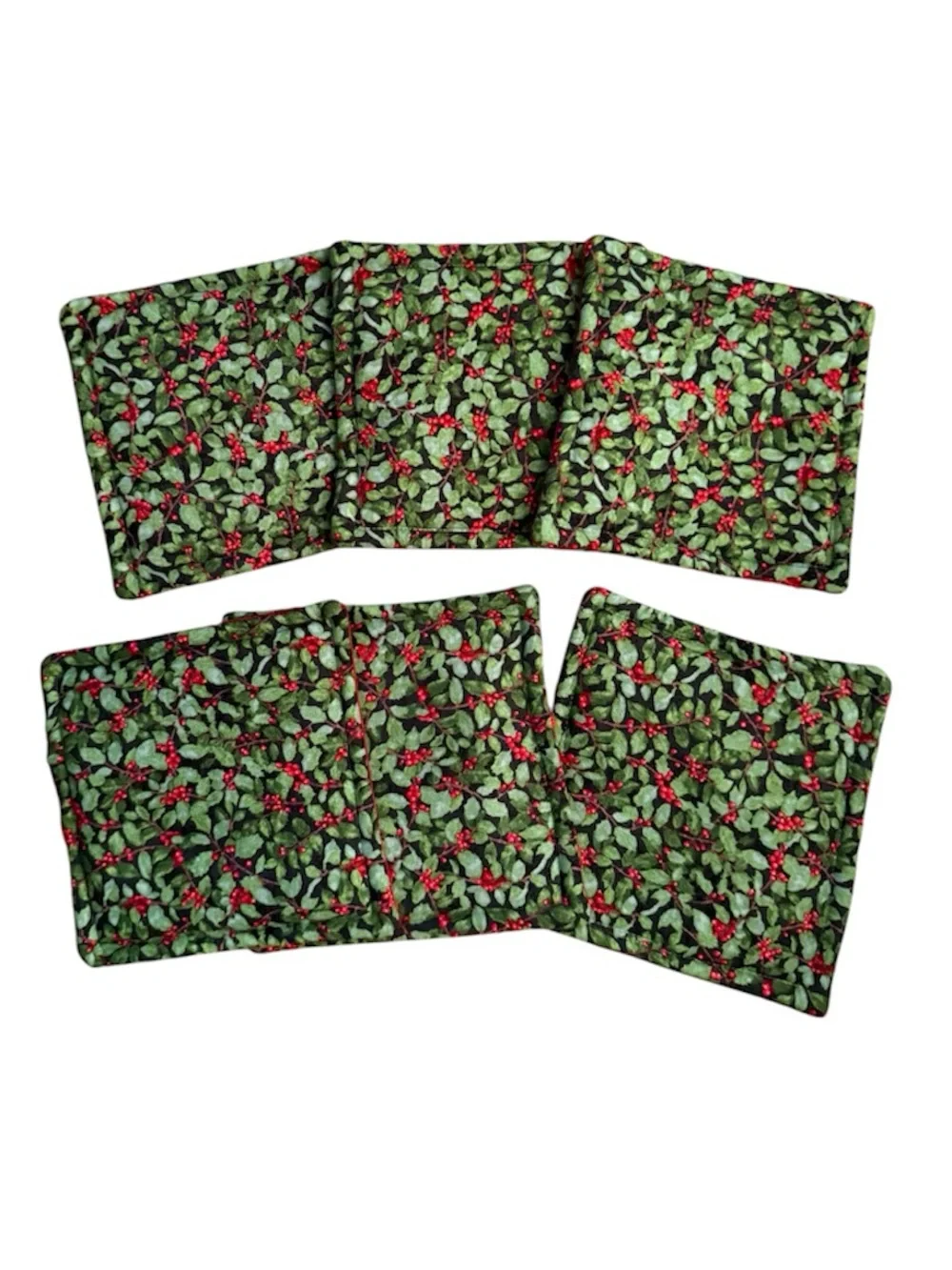 Handmade Bundle of (6) Green Holly Print Christmas Holiday Fabric Coasters Decor